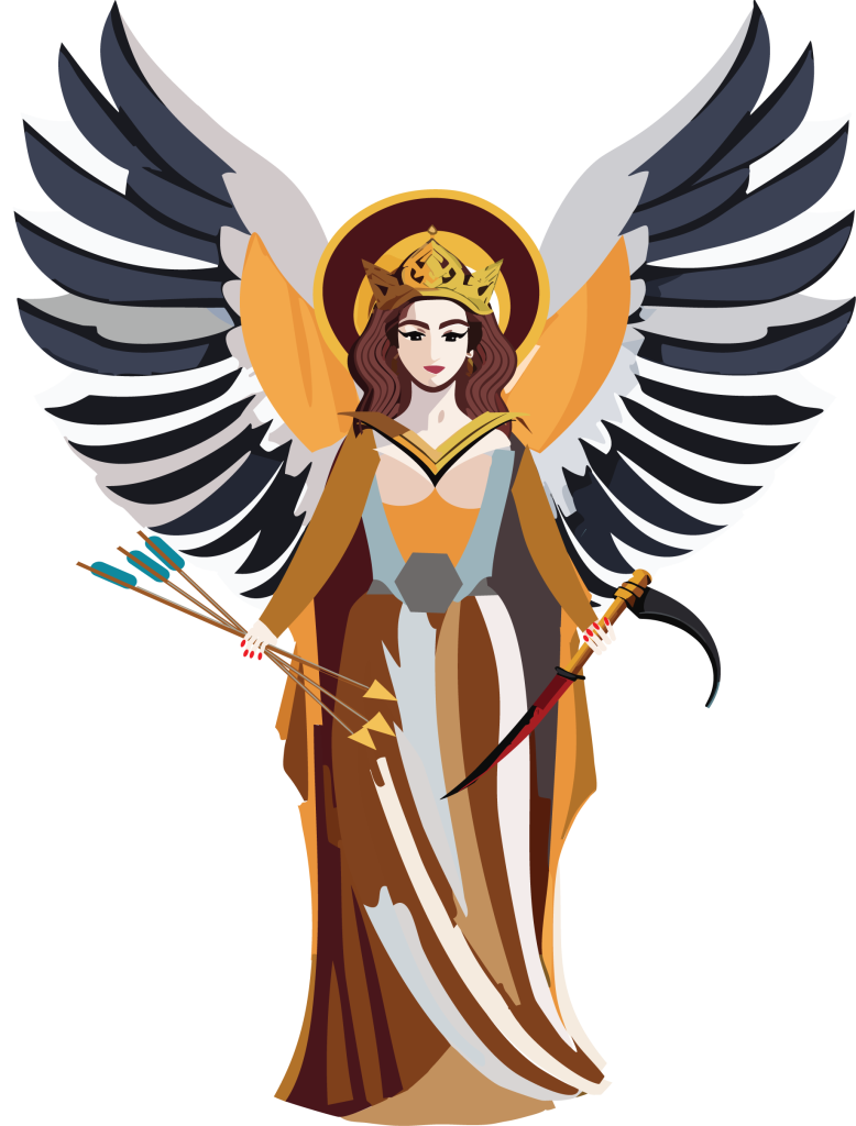 angle of death drawing with arrows in right hand, scythe in the other