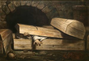 painting of a man emerging from coffin in catacombs. the coffins is marked by note that says mort du cholaria